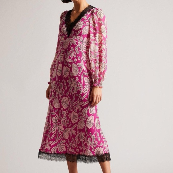 Ted Baker London Dresses & Skirts - Ted Baker Izobele Long Sleeve Lace Trim Floral Print Midi Dress - Size 5 (XL)